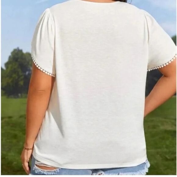 Shein Curve 4XL White Top With Crochet V-Neck & Pom-Pom Trimmed Sleeves - Picture 2 of 9